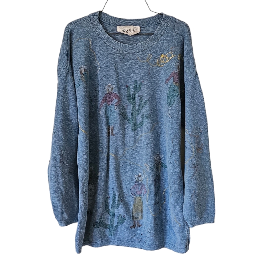 Vtg Ps/LA Blue Pullover Sweater With Western Designs Size S/M